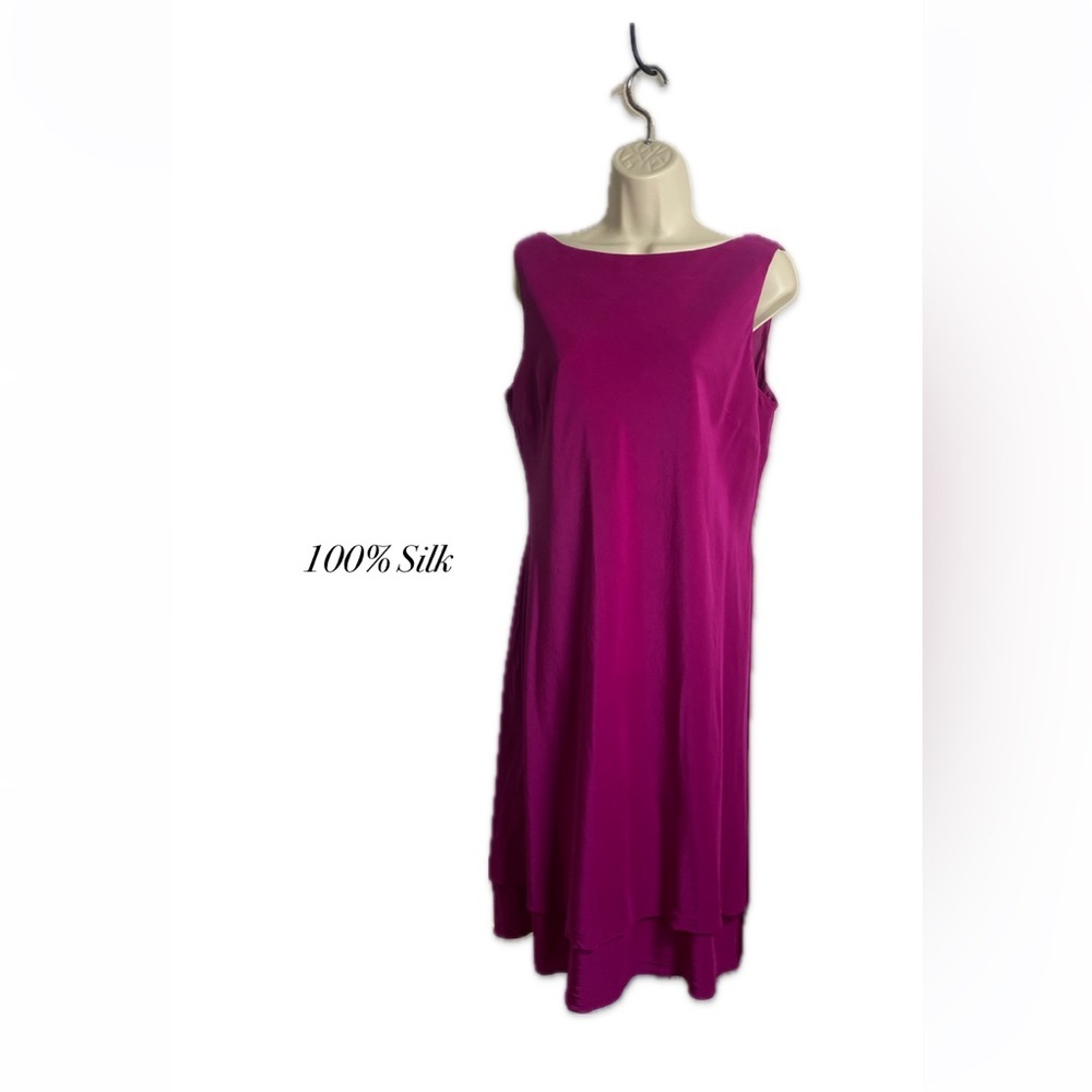 Silk Evan Picone Cocktail Dress Fuchsia Pink Drape Back Layered Skirt Sz 14 VTG - Picture 1 of 16